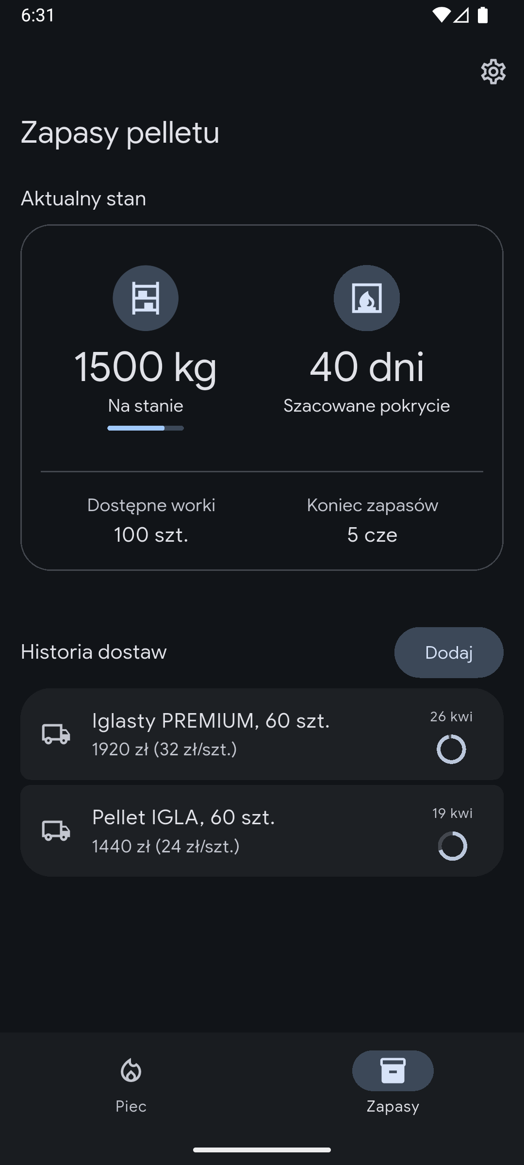 Stan zapasów pelletu w aplikacji w trybie ciemnym